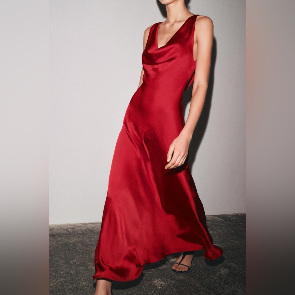 Zara Elegant Red Satin Long Dress Evening Party Gown